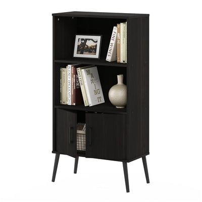 Furinno Claude Mid Century Style Accent Wooden Leg Bookcase Cabinet with Storage Organizer Shelves, Espresso