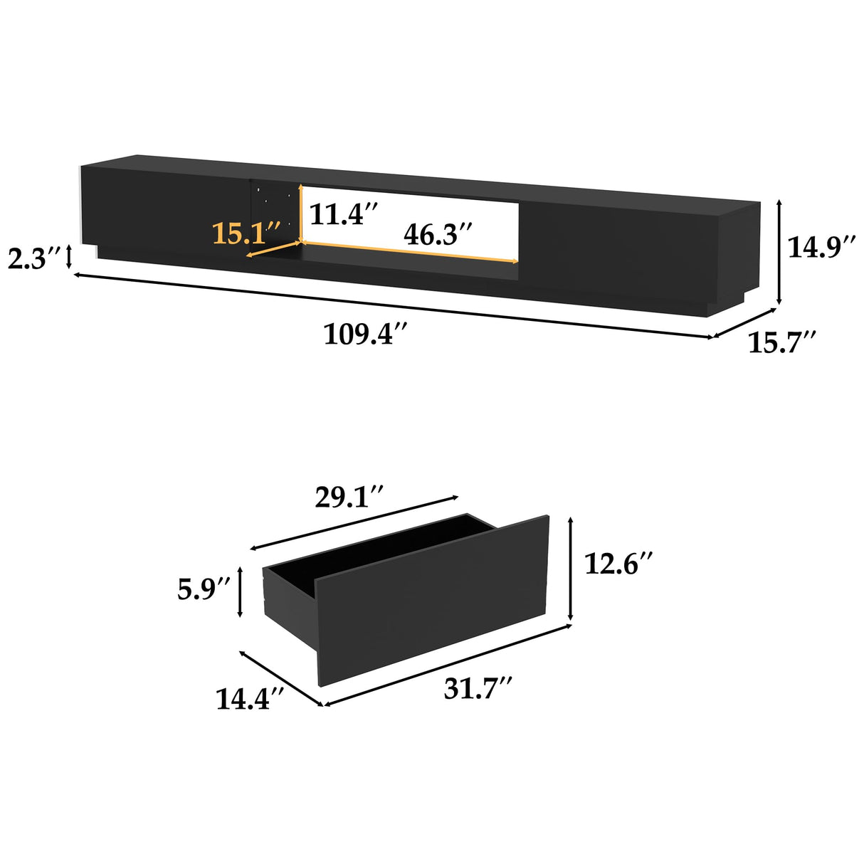 WOODTIME 109.4" W TV Stand for TVs up to 85 Inches, Extra Long Entertainment Center with 2 Large Drawers & Open Shelfs, Modern Wooden Media Console Cabinet for Living Room, Black WOODTIME