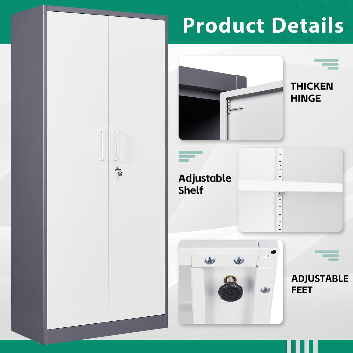 Letaya Metal Storage Cabinet with Lock Door and 5 Shelves,6 Tier Steel Garage Tool Cabinet for Home Office Utility Room 72" H X 36" W X18 D (White Gray) Letaya