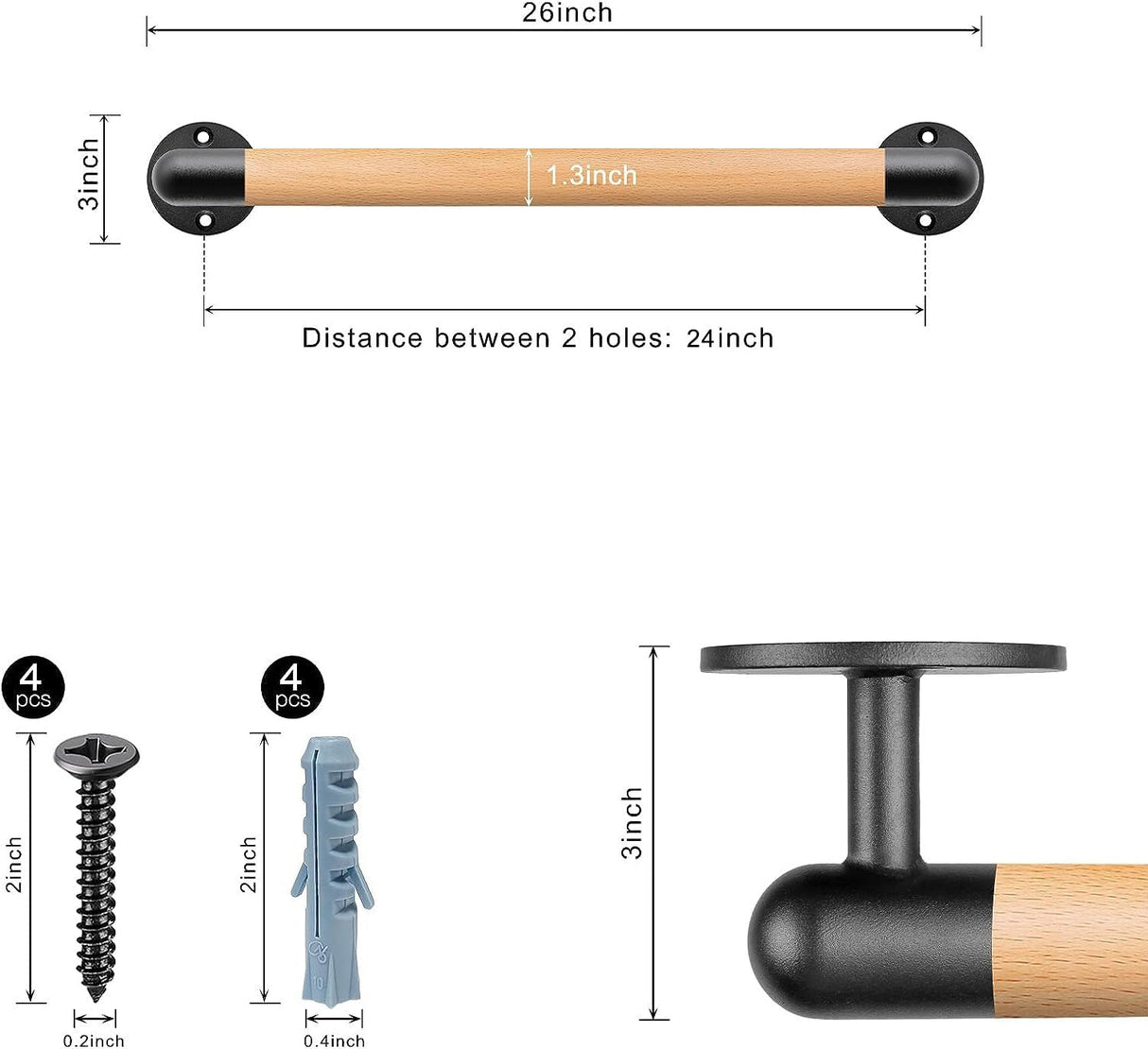 SELEWARE 26 Inch Wood Handrail Stair Handrail Drywall or Concrete Mount Handrail w/Sturdy Metal Base, Barrier-Free Staircase Grab Bar for Elderly, 1.3 Inch Round SELEWARE