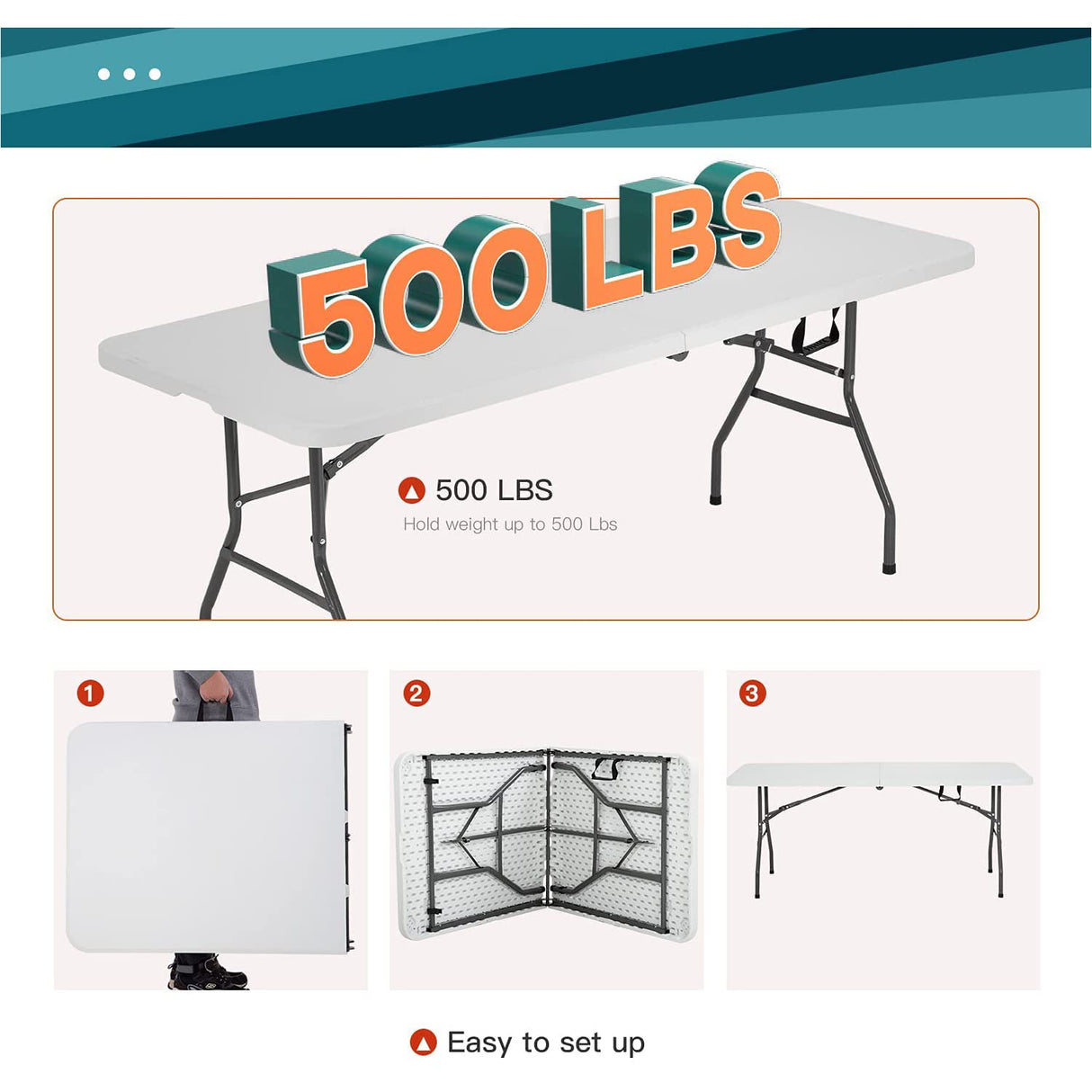 Pazidom 6FT Folding Table, Heavy Duty Plastic Table Portable Fold-in-Half Utility Table Indoor Outdoor Picnic Table w/Handle & Lock for Camping BBQ Party Wedding Market Events, 500LBS Pazidom