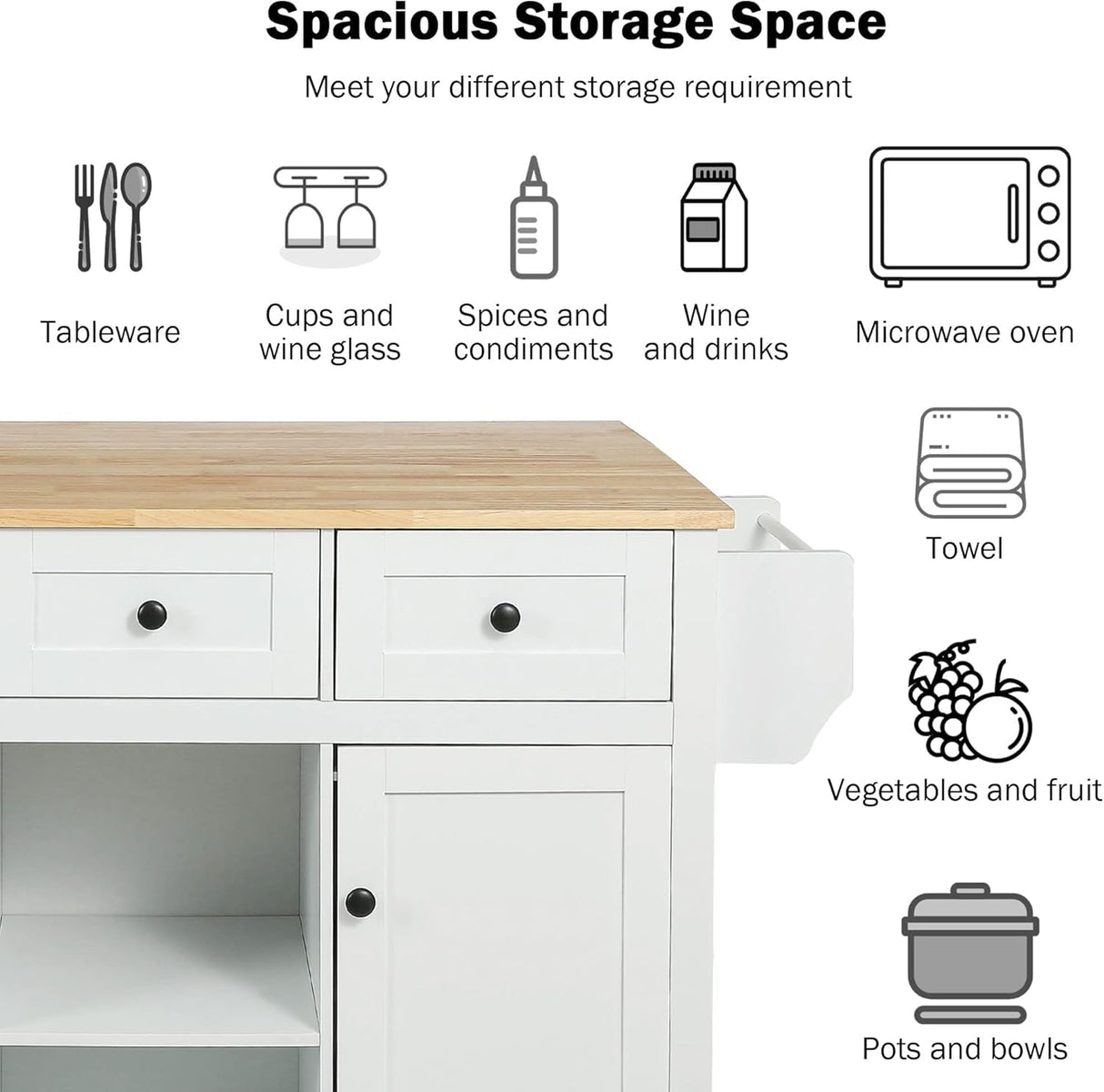 Kitchen Cart with Rubber Wood Drop, Leaf Countertop, Kitchen Island on 5 Wheels with Storage Cabinet and 3 Drawers for Dinning Room (White-53.1IN) WoodArtSupply