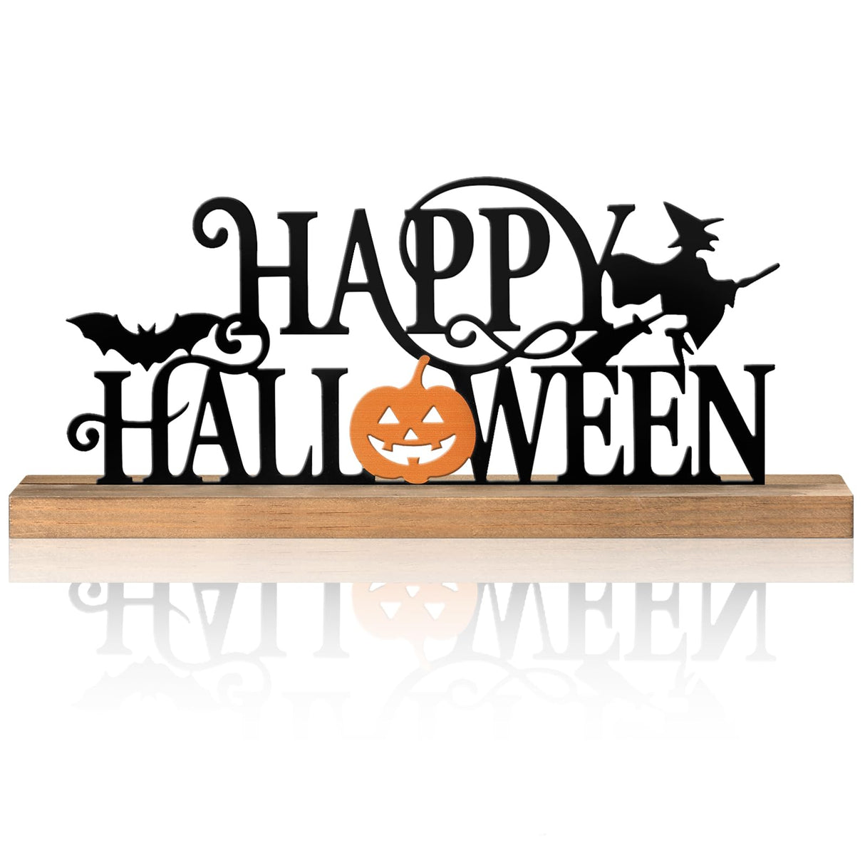 Realspring Happy Halloween Table Decor Farmhouse Tabletop Block Sign Rustic Tiered Tray Decor with Wooden Base Freestanding Metal Word Sign and Wooden Pumpkin Cutout for Home Table Shelf Office Realspring