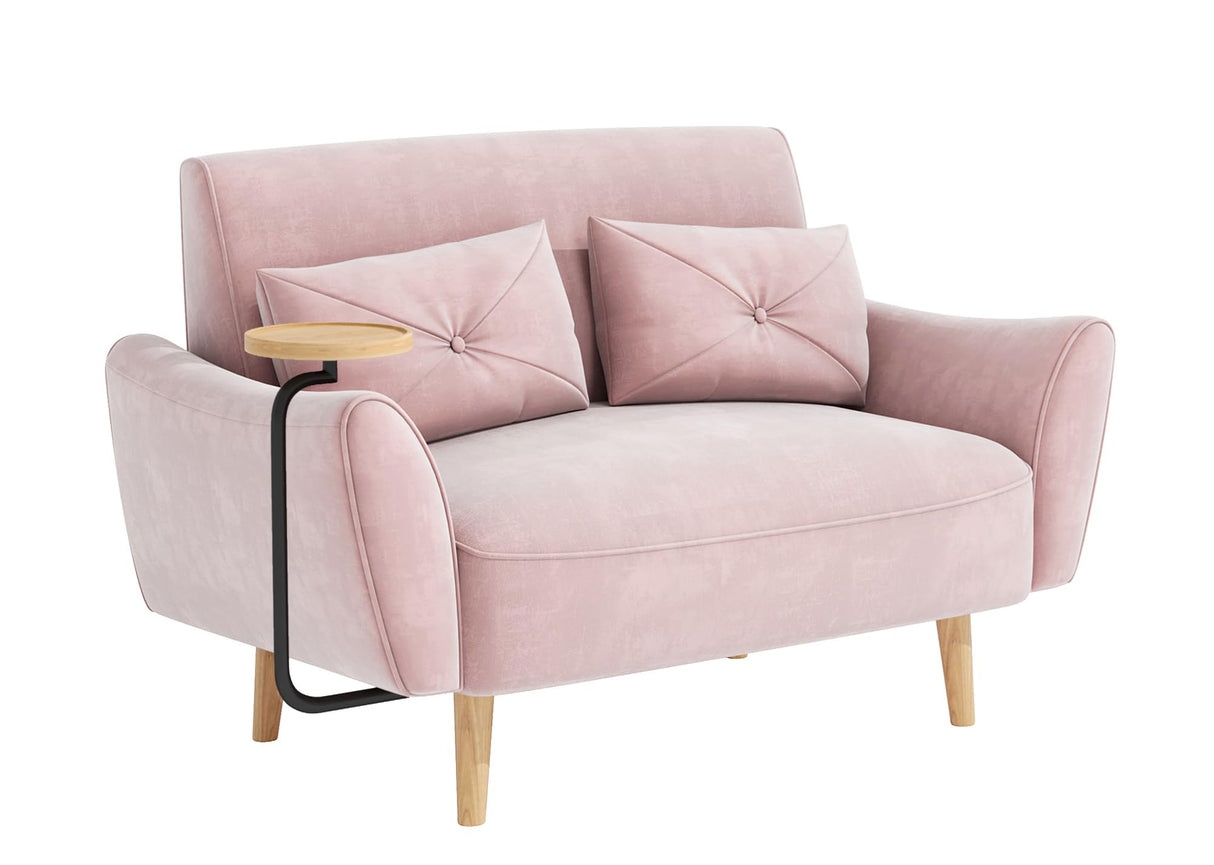 Brelice Loveseat Sofa, 47" Velvet Couch for Bedroom, Convertible Wooden Tray & Ergonomic Armrest, for Small Space, Apartment, Living Room, Home Office, Easy Assembly, Pink Brelice