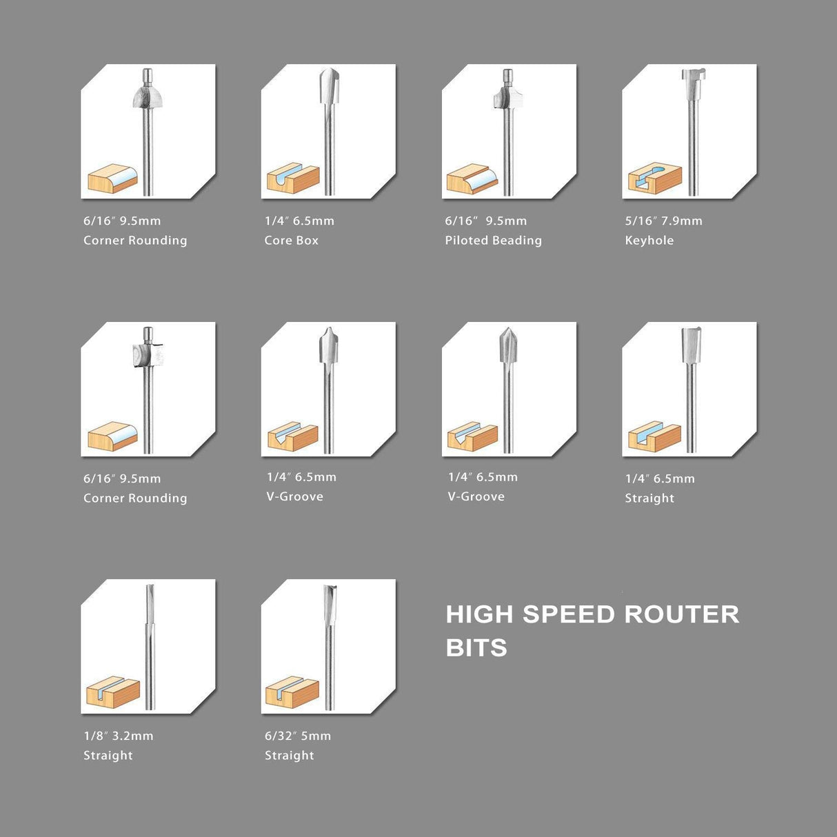 SPTA 10Pc HSS Router Carbide Engraving Bits & 10Pcs Router Bit 1/8"(3mm) Shank for Rotary Tools for DIY Woodworking, Carving, Engraving, Drilling SPTA