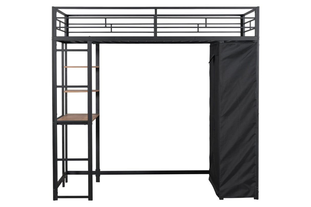 PVWIIK Twin Size Loft Bed with Desk and Bookcase for Kids Adults,Loft Bed with USB Ports and Shelves for Dorm,Bedroom,Guest Room, Noise Free No Box Spring Needed,Black PVWIIK