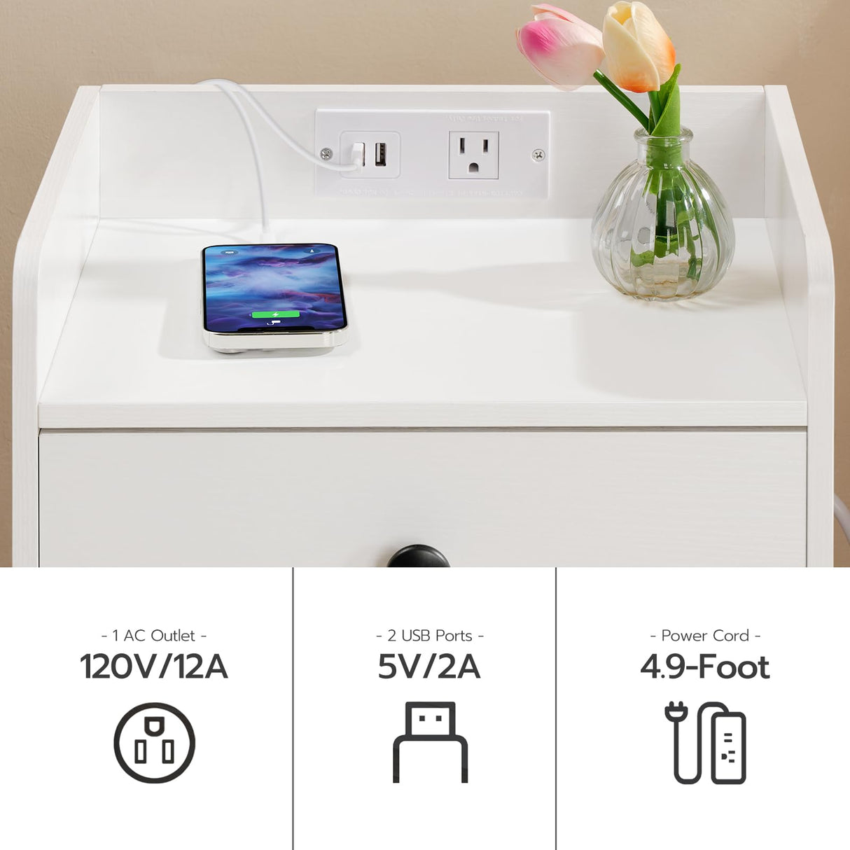 HOOBRO Nightstand with Charging Station, End Table with Drawer and Opening Shelf, Side Table with USB Ports and Outlets, Bedside Table for Bedroom, Small Night Stand Simple Style, White WT18UBZ01 HOOBRO