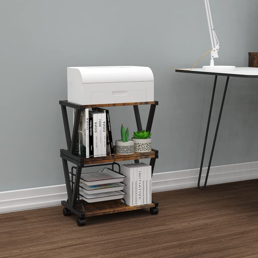 VEDECASA Retro Desktop Printer Stand 2 Tiers Under Desk Wood Printer Shelf Rustic Industrial Farmhouse Wood Storage Book Shelf Table Organizer for Home Office Stylish Sturdy V Shaped (Rustic Brown) VEDECASA