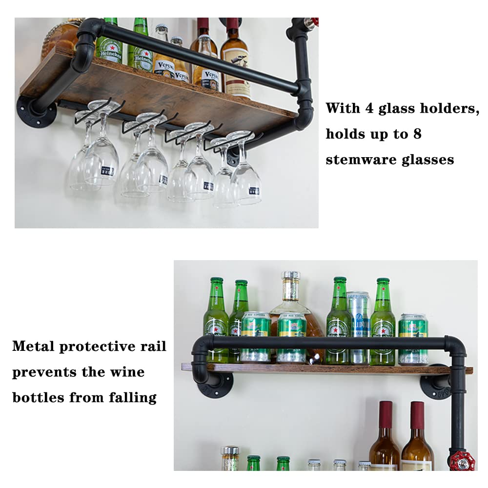 BOTAOYIYI Wine Rack Wall Mounted 2 Tier, Hanging Floating Small Mini Bar Liquor Shelves with Glass Holder Storage Under, Industrial Rustic Pipe Farmhouse Kitchen Decor Black(23.6x10.6x19.7) BOTAOYIYI