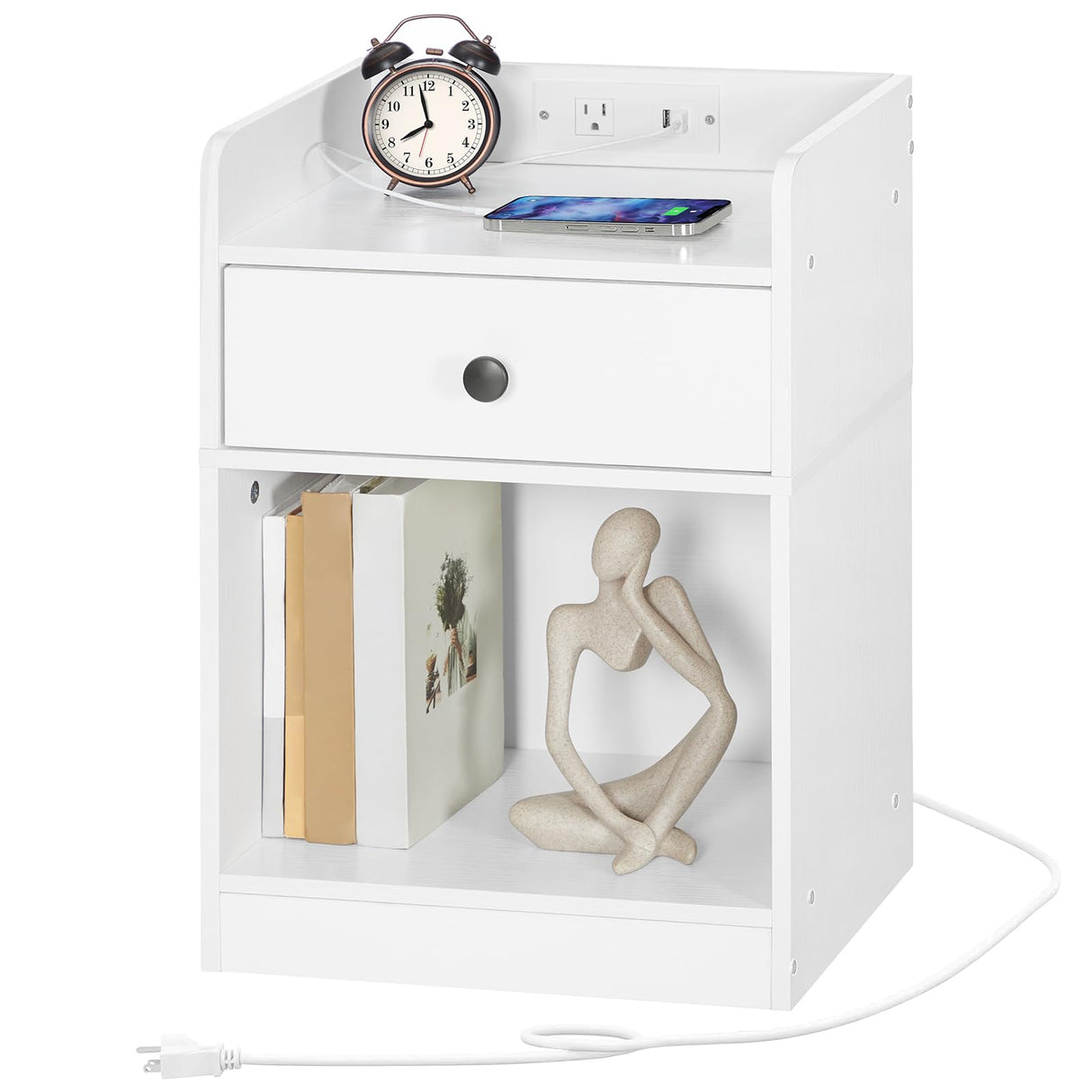 HOOBRO Nightstand with Charging Station, End Table with Drawer and Opening Shelf, Side Table with USB Ports and Outlets, Bedside Table for Bedroom, Small Night Stand Simple Style, White WT18UBZ01 HOOBRO