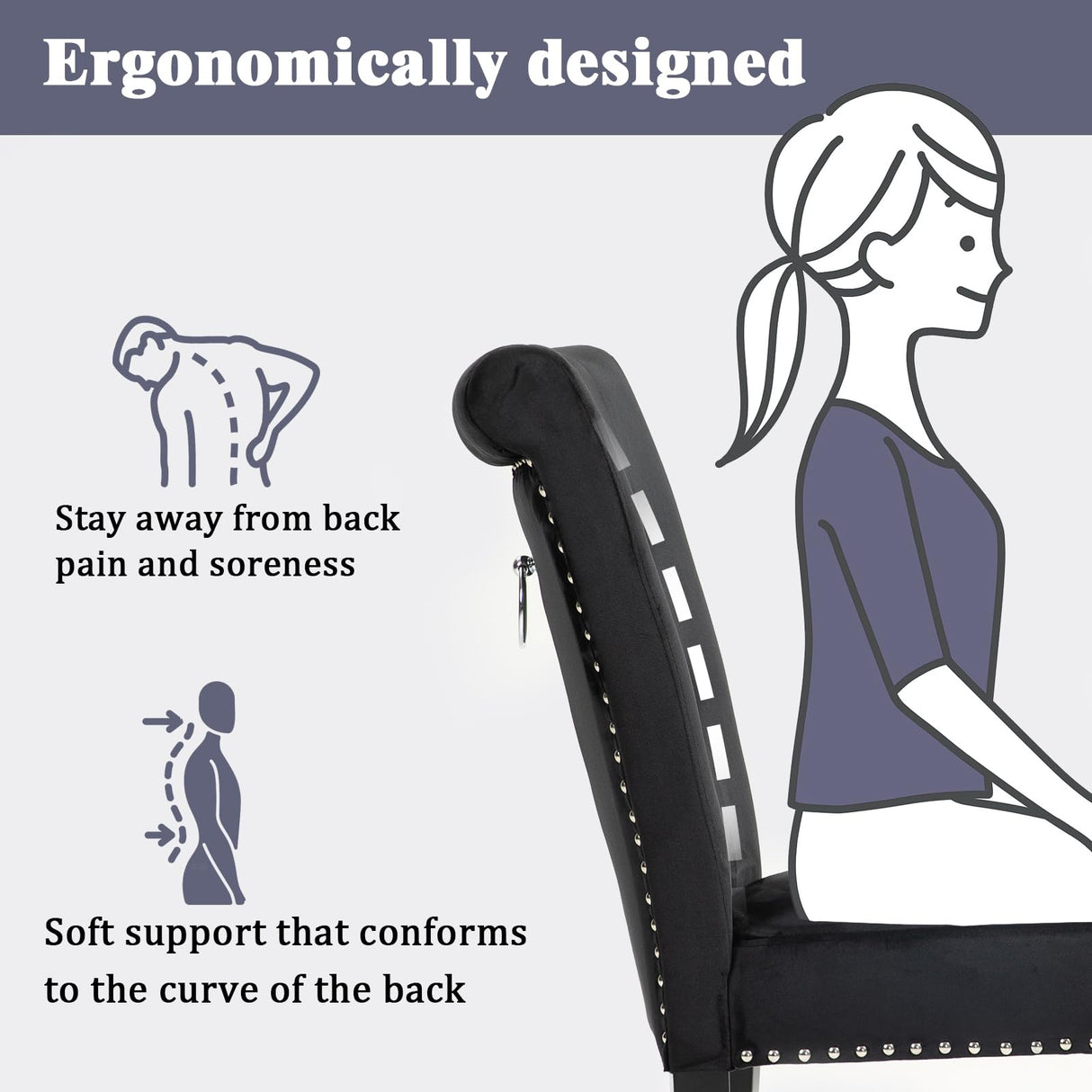 VDAOQVG Upholstered Velvet Dining Room Chairs Set of 2 for Dining Room, Set of 2 Kitchen Chairs with Gold Nailhead and Metal Ring Upholstery, Solid Wood Dining Chairs Set of 2 for Restaurant (Black) VDAOQVG