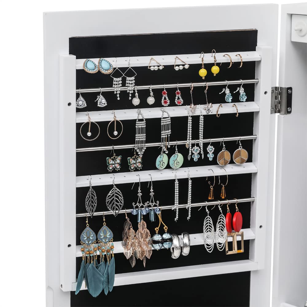 Full Length Mirror Jewelry Cabinet - 4-Layer Shelf Wall Mounted Jewelry Organizer with 8 LED Lights - Jewelry Armoire with Mirror And 6 Drawers - Wall and Door Hanging Jewelry Organizer - White WEI WEI GLOBAL