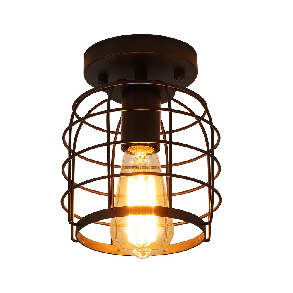 Create For Life® Industrial Vintage Flush Mount Ceiling Light,Rustic Metal Cage Pendant Lighting Lamp Fixture for Hallway Stairway Kitchen Garage, E26, Black Painting Finish Create For Life