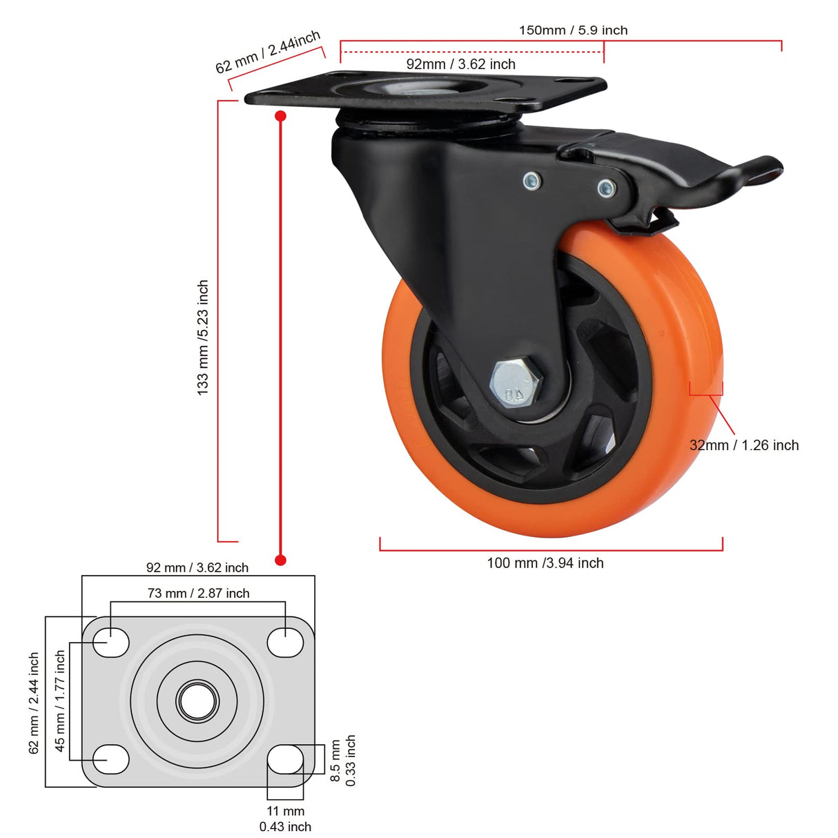 ASRINIEY Casters, 4" Caster Wheels,Casters Set of 4 Heavy Duty - Orange Polyurethane Castors, Top Plate Swivel Wheels, 4-Pack Industrial Casters with Brake, Locking Casters for Furniture and Workbench ASRINIEY