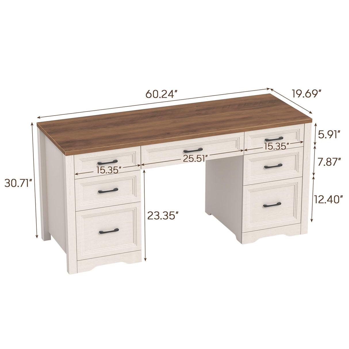 Halitaa Farmhouse Executive Desk, Wood Home Office Desk with 2 Large File Drawers and 5 Storage Cabinets, Rustic Writing Desk for Work and Study, Brown Halitaa