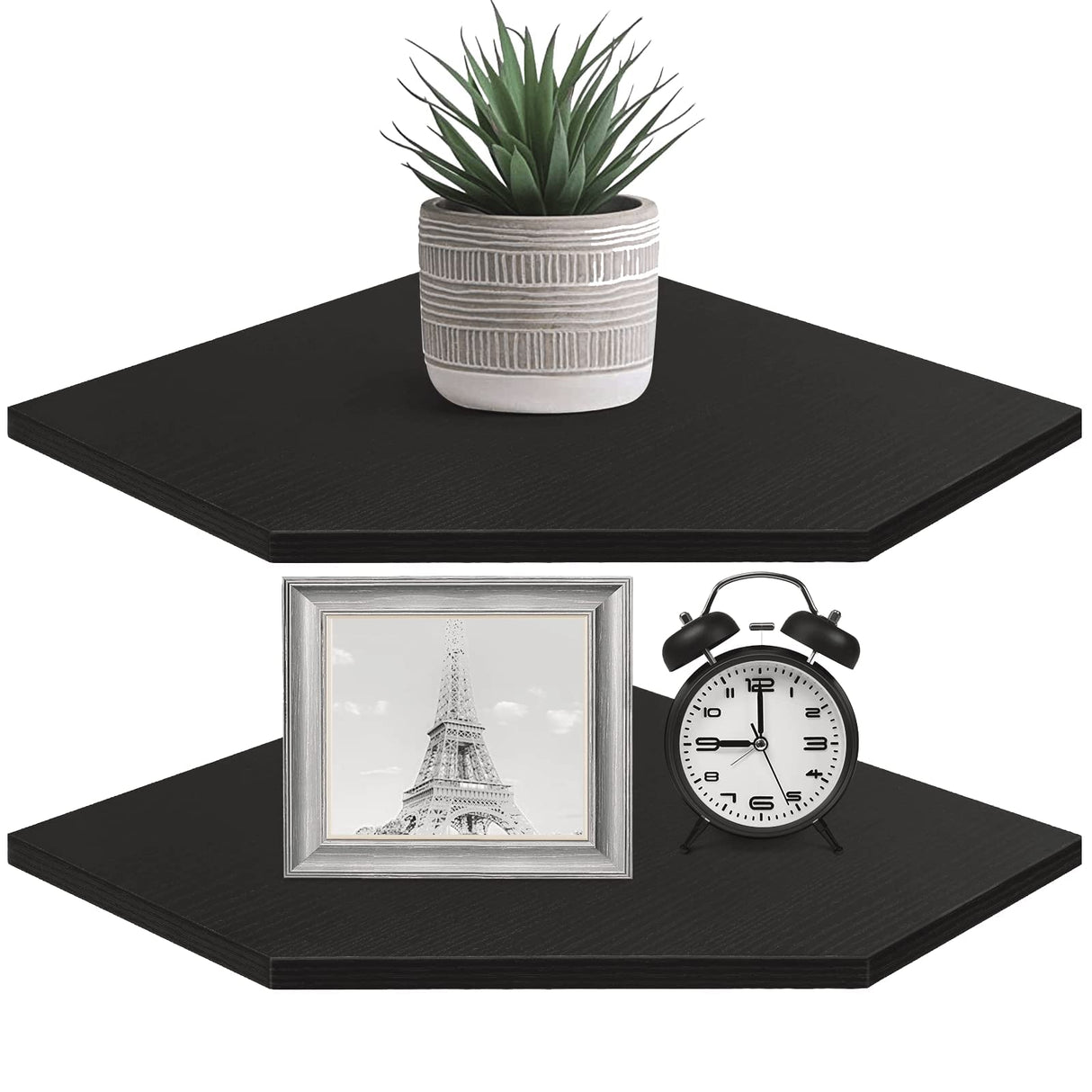 Homode Corner Shelf Wall Mount, Set of 2 Corner Floating Shelves with Wire Hole for TV, Cable Box, Wood Hanging Storage Shelf Organizer for Bathroom Kitchen Living Room Bedroom, Black Homode