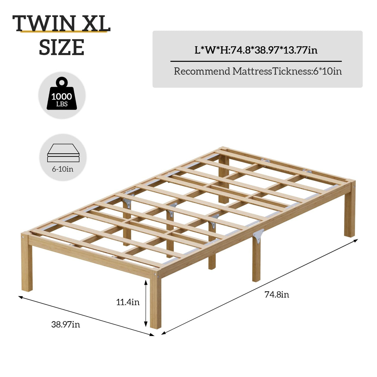 Bamboo Bed Frame Twin Size Wood Platform Bedframe Solid Stable with Non-Slip Slats Support Tall Bed No Box Spring Needed Heavy Duty Easy Assembly Noise Free Nature bambooflow