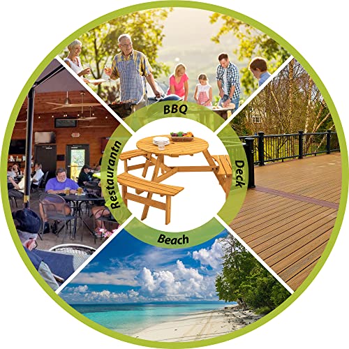 Ufurpie 6 Person Round Picnic Table,Outdoor Wooden Round Picnic Tables w/3 Built-in Benches,Umbrella Hole,Outside Table and Bench Set for Ufurpie