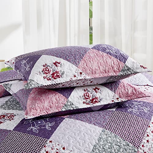 Dinjoy Purple Quilt Set Queen Size, Reversible Floral Plaid Patchwork Pattern Bedding Set Soft Microfiber Lightweight Bedspread Coverlet 3 Piece Spring Summer Use (90x90 inches) Dinjoy