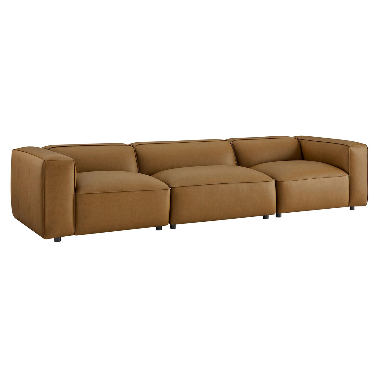 Modway Auren Vegan Leather 3 Piece Modular Sofa in Camel - Faux Leather 3 Seater Couch - Comfy Mid Century Modern PU Leather Sofa for Living Room, Apartment, Loft Modway