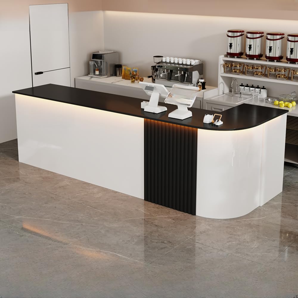 LITFAD L-Shape Reception Desk with Locker, Filing Cabinet, Manufactured Wood Checkout Counter Modern Counter for Office, Lobby, Beauty Salon, Store, White-Black - 71" L x 19.5" W x 35.5" H LITFAD