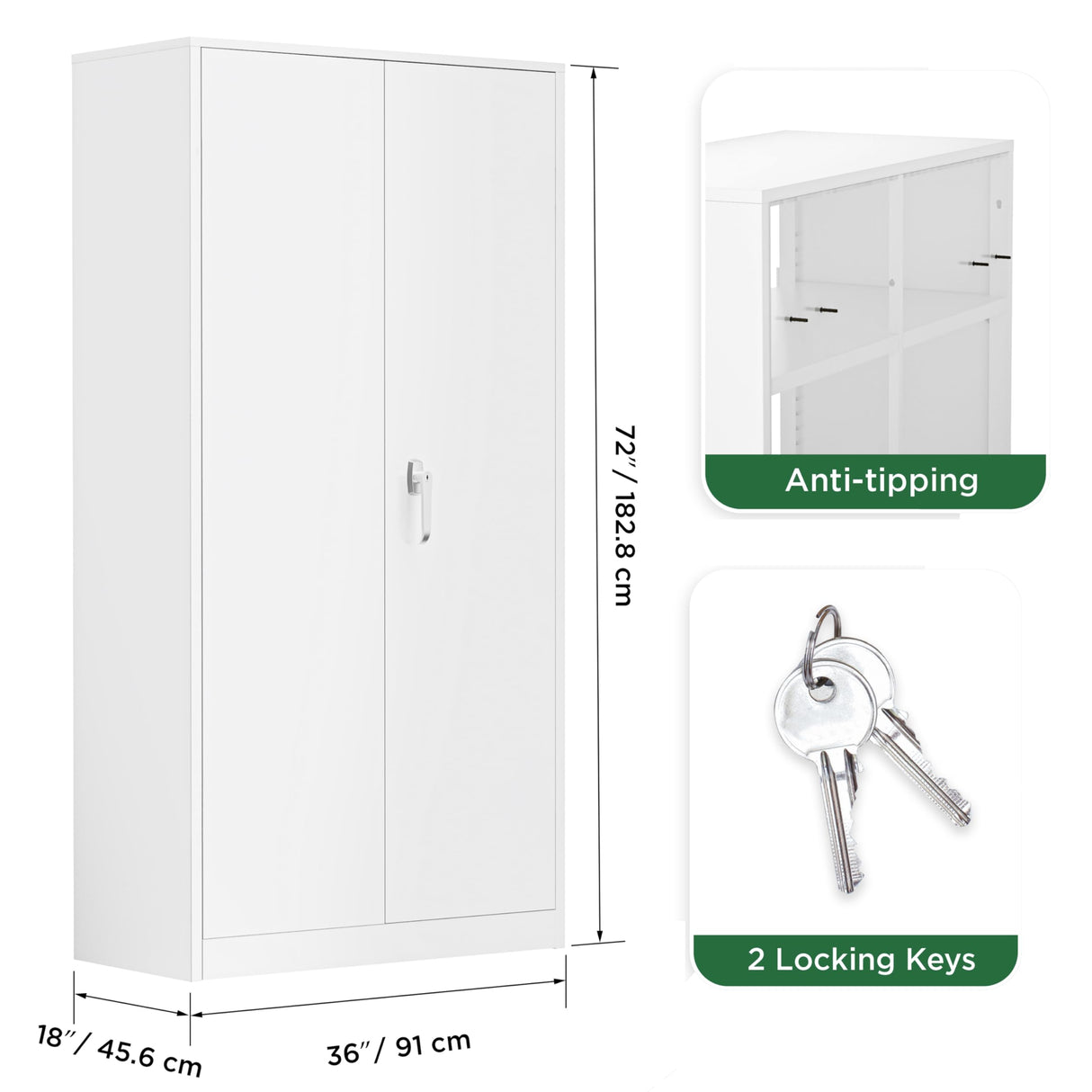 Greenvelly Metal Garage Storage Cabinet, 72” Lockable Storage Cabinet with 2 Doors and Adjustable Shelves, Steel Tool Cabinets, White Metal File Cabinet for Home Office, Garage (36" W x 18" D) Greenvelly