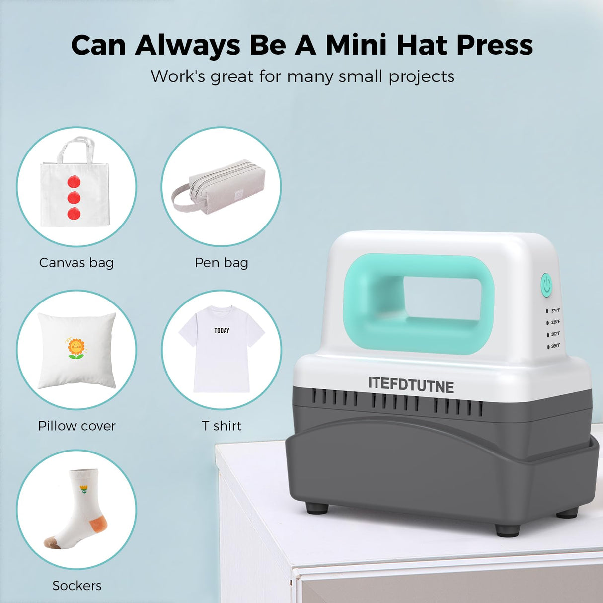 ITEFDTUTNE Hat Press Machine, Mini Hat Heat Press Machine with 4 Heating Levels & Auto-Off, Handheld Cap Easy Press with 3.5"×5.5" Curved Heat Plate, 2 Press Platens, A Safety Base, Green ITEFDTUTNE