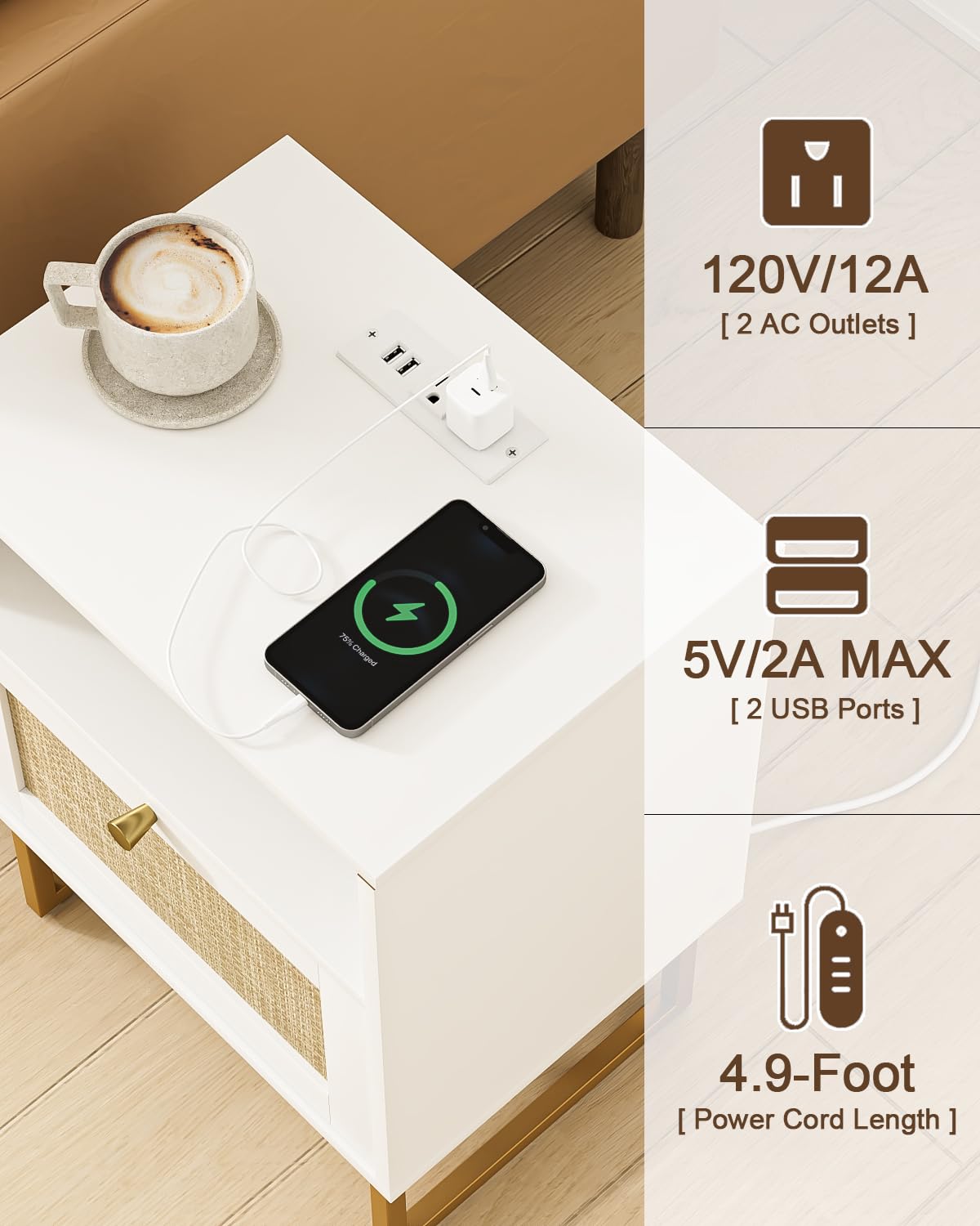 Masupu Rattan Nightstand with Charging Station,Modern Boho Farmhouse Wood Bedside Table with Storage Drawer and Open Shelf,Small Gold Frame Side End Table for Bedroom,Living Room,Office White Masupu