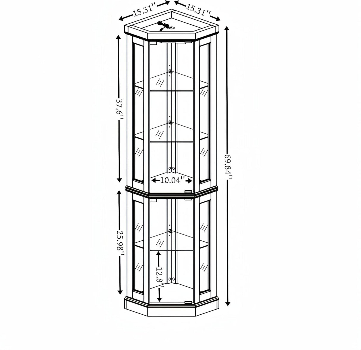 CKEASEAN 70" Curio Corner Cabinet, Lighted Glass Display Cabinet, Curio Cabinet with Tempered Glass Door, China Corner Display Cabinet Inclued Bulb, Rack for Living Room (White, 15.3"L 15.3"W 70"H) CKEASEAN