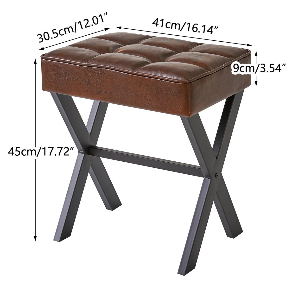 IBUYKE Square Makeup Stool with X-Leg Foot Rest, PU Footrest Stool, Ottoman Seat Vanity Stool, Multi-Use as Small Side Table, for Bedroom, Living Room, Dark Brown LG-71Z IBUYKE