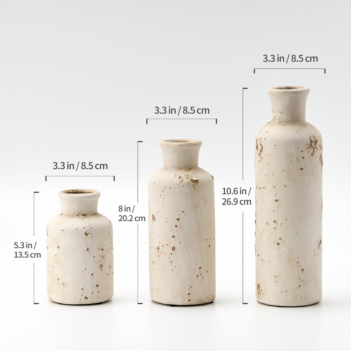 SIDUCAL Ceramic Rustic Farmhouse Vase Set of 3, Whitewashed Terracotta Vase, Pottery Vase,Clay Decorative Vases for Home Decor, Living Room, Shelf, Mantel Decoration(Rustic White) SIDUCAL