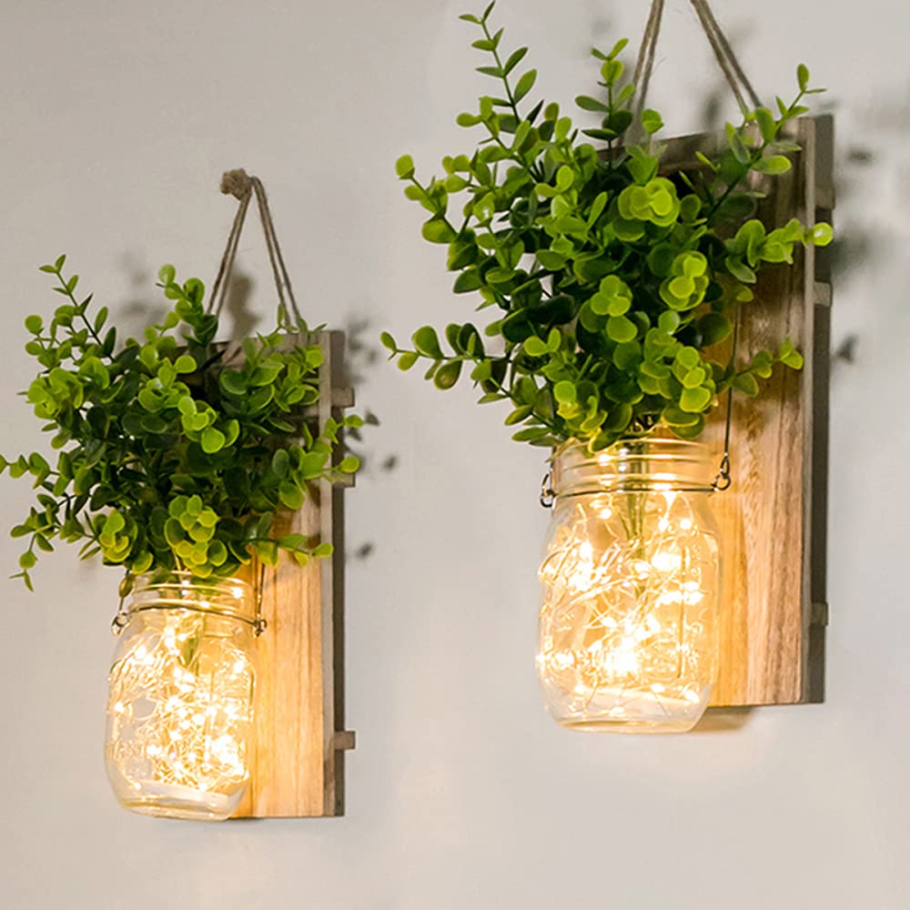 Rustic Wall Sconces, Mason Jar Sconces, Farmhouse Home Decor, LED Fairy Lights, Green Fake Plant, Interior Decoration Warm Toned Lighting. (2 Pack) ECTY