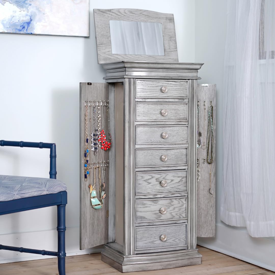 Hives and Honey Landry Smoke Grey Jewelry Armoire Standing Cabinet with Mirror and Necklace, Earring, Bracelet Storage Hives and Honey