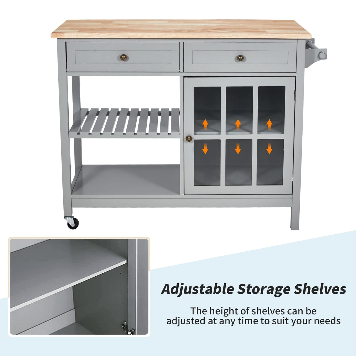 AVAWING Rolling Kitchen Island Cart with Storage, 42" Width Kitchen Cart w/ 2 Wheels, Coffee Cart with Drawers & Openshelves & Glass Cabinet & Towel Rack, Portable Islands, Grey AVAWING