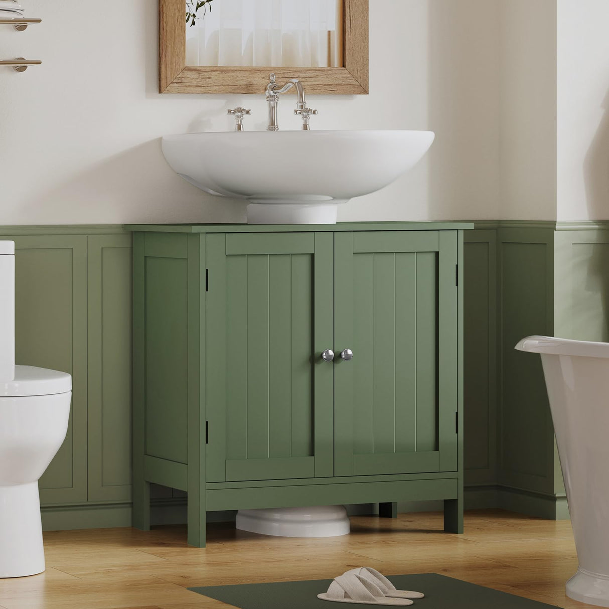 TEENFON Pedestal Sink Storage Cabinet, Under Sink Cabinet with 2 Doors & Storage Shelf, Under Bathroom Organizer for Bathroom, Forest Green TEENFON