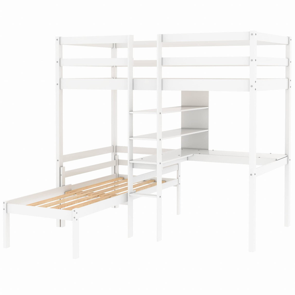 Harper & Bright Designs Twin Loft Bed with L-Shaped Desk, Convertible Loft Bed Frame, Twin Bunk Bed with Shelves and Ladder (White, Twin Loft with Desk) Harper & Bright Designs