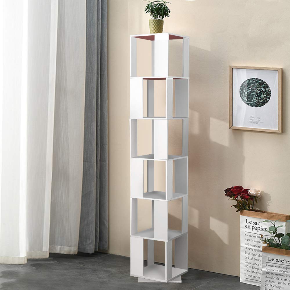 NICEME 190cm 360° Rotating Tall Corner Bookcase with 6 Tiers – Freestanding White Display Shelf for Living Room NICEME
