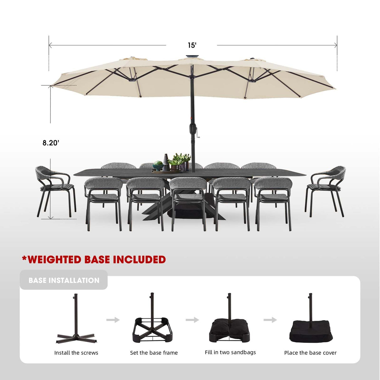 wikiwiki 15ft Large Patio Umbrellas with Base Included, Outdoor Double-Sided Umbrella with Crank Handle, Powerful UV Protective, for Pool Lawn Garden, Beige wikiwiki