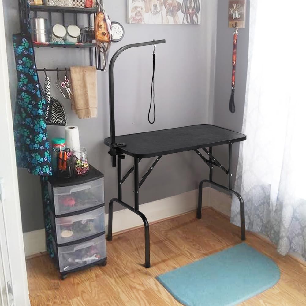 Yaheetech 32-inch Foldable Pet Dog Grooming Table with Adjustable Height Arm Drying Table for Home w/Noose for Small Dogs Cats Non-Slip Maximum Capacity Up to 220lbs Black Yaheetech