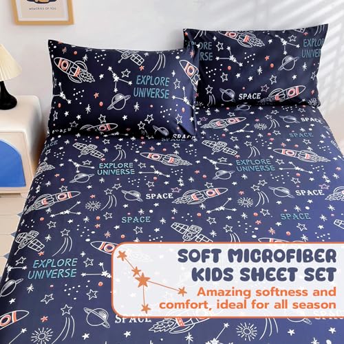 Homilay Twin Sheet Set Kids - Universe Navy 3 Pieces Soft Microfiber Cartoon Style Bedsheets for Boys Girls Teens, Oeko TEX, Breathable Deep Pocket Sheets(Space Rocket) Homilay