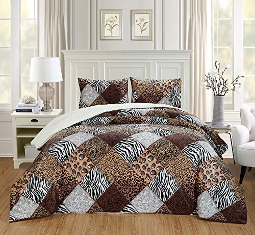 GrandLinen 3 Piece Queen Size Dark Brown Black Animal Print Safari Comforter Set. Leopard, Zebra, Cheetah Winter Micro Fur Bedding with Sherpa Backing Grand Linen