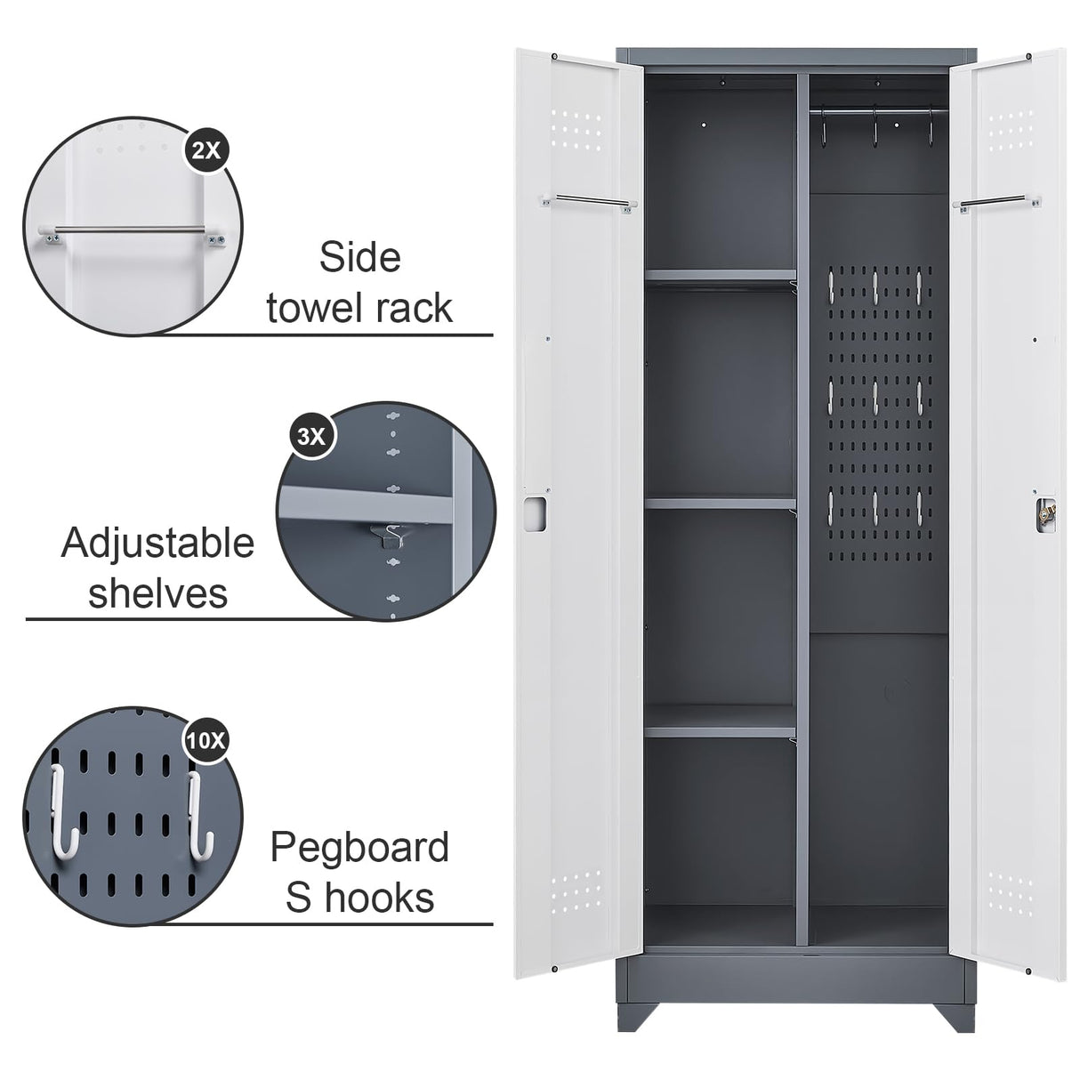 STEELIST Broom Closet, Metal Storage Cabinet with Hanging Rod, 65" Broom Tool Organizer, Metal Cabinet with Doors and Shelves, Tall Cleaning Storage for Home, Office, Garage, Balcony STEELIST