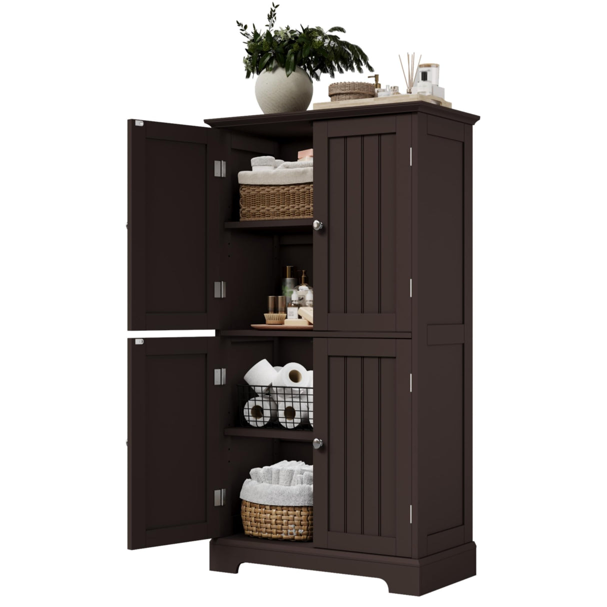 ChooChoo Bathroom Floor Cabinet, Modern Bathroom Storage Cabinet with 4 Doors and Adjustable Shelves, Freestanding Cupboard for Living Room, Espresso ChooChoo