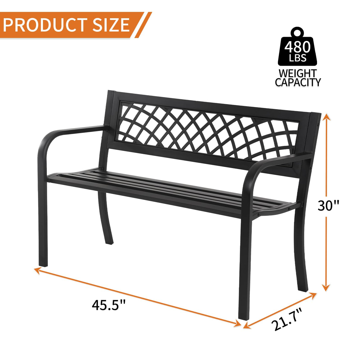 BSTOPHKL Outdoor Bench,Patio Garden Benches,Metal Weatherproof Porch Bench with Grid-Patterned Backrest and Armrest for Park Courtyard Porch,Bearing Capacity 480lbs,Black BSTOPHKL