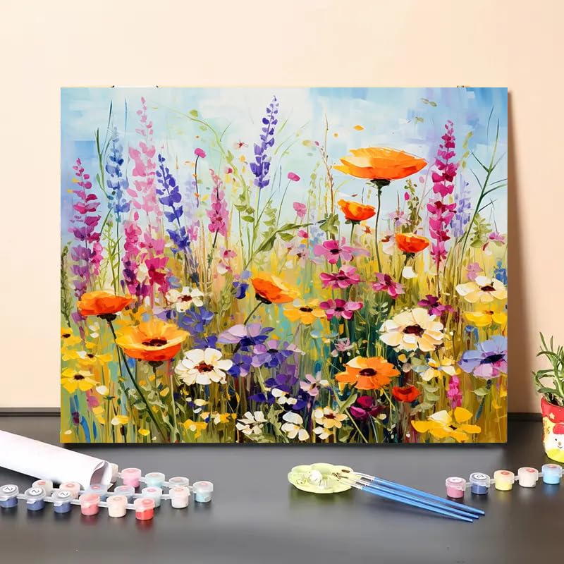 MaiMMaledy Paint by Numbers Kit for Adults Beginners Canvas Pictures with Framed Drawing Painting Acrylic Pigment with Wooden Triangle Easel Spring Flowers 8Wx12L inch MaiMMaledy
