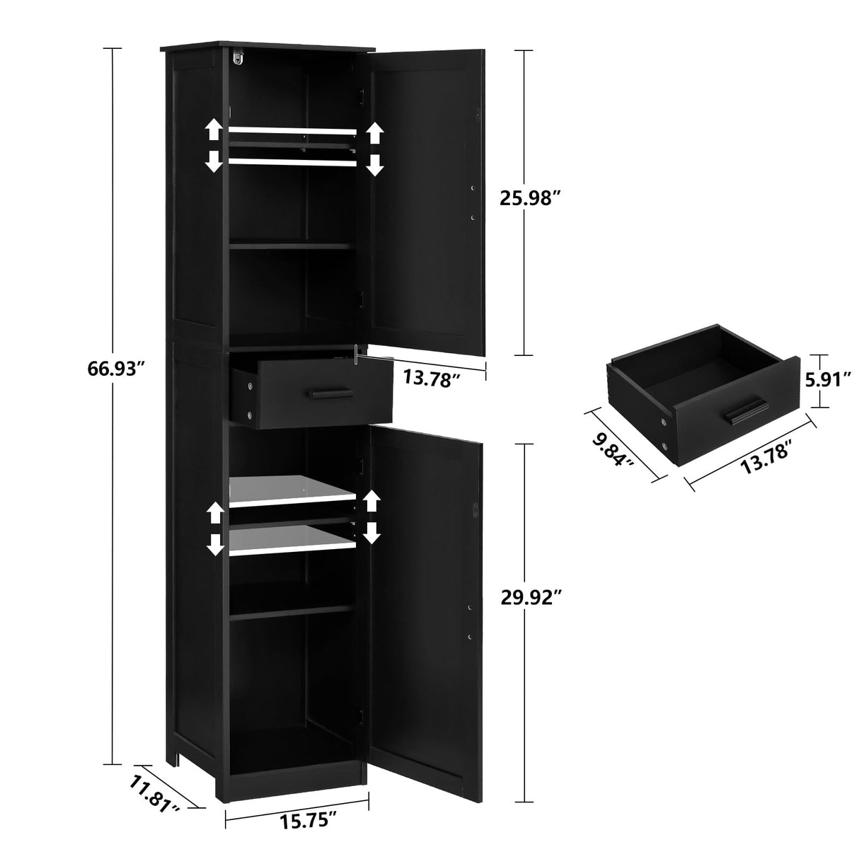 usikey 67“ Tall Bathroom Cabinet, Storage Cabinet with 4 Shelves & 2 Doors, Narrow Storage Cabinet for Bathroom, Living Room, Home Office, Black usikey