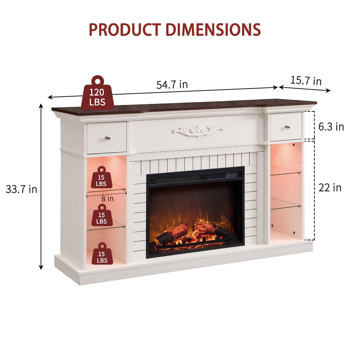 IFBUY 54" Farmhouse Electric Fireplace with Mantel, 33" Tall LED Fireplace TV Stand w/7 Lighting Colors, 23'' Freestanding Electric Fireplace Heater, Open Adjustable Shelves & Drawers, White IFBUY