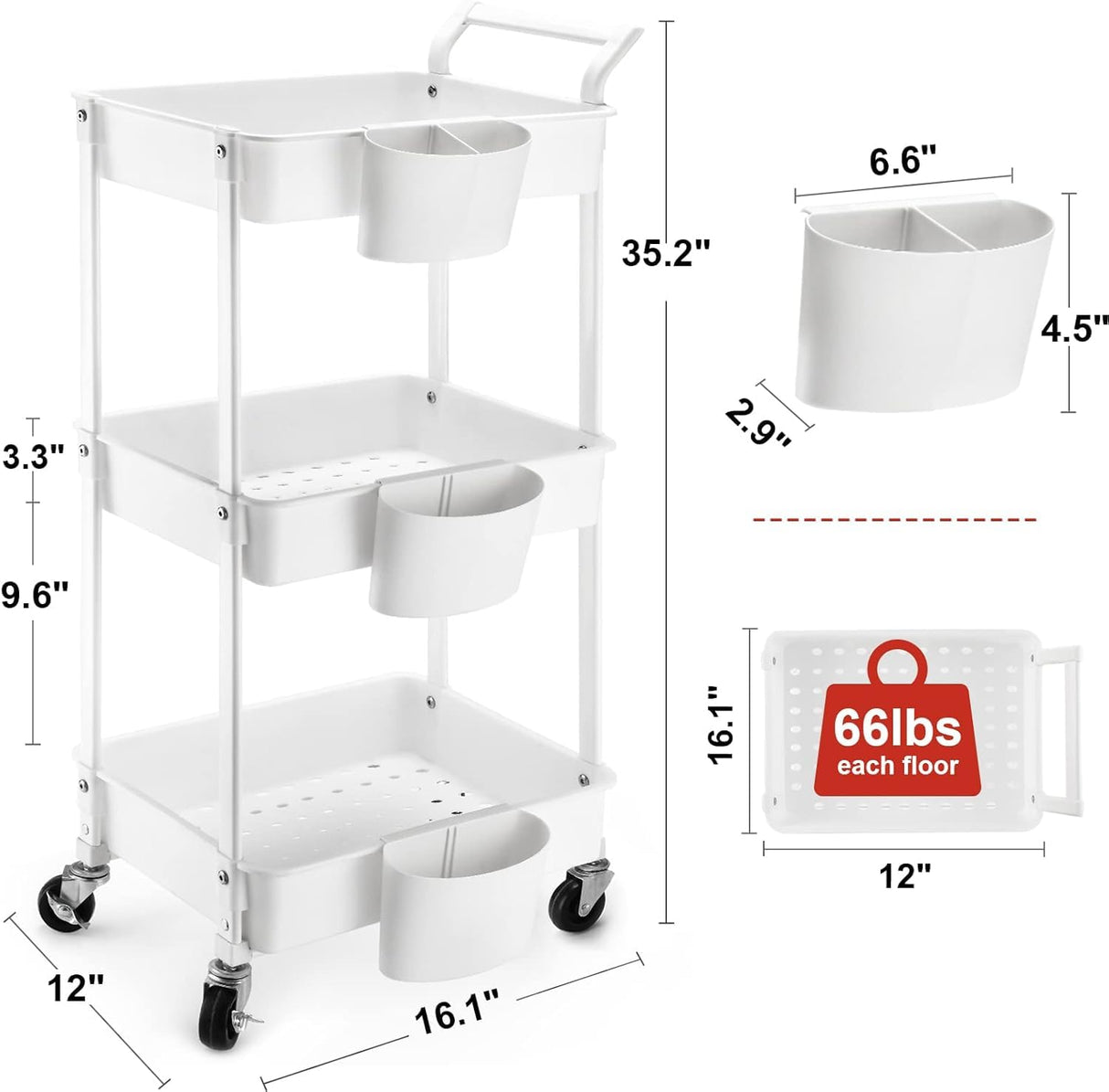 3-Tier Utility Rolling Cart,Mobile Utility Cart with Lockable Caster Wheels,Storage Shelves Organizer Cart, 3 Hanging Baskets, Easy Assembly,for Bathroom, Kitchen, Office, Workshop Hamone