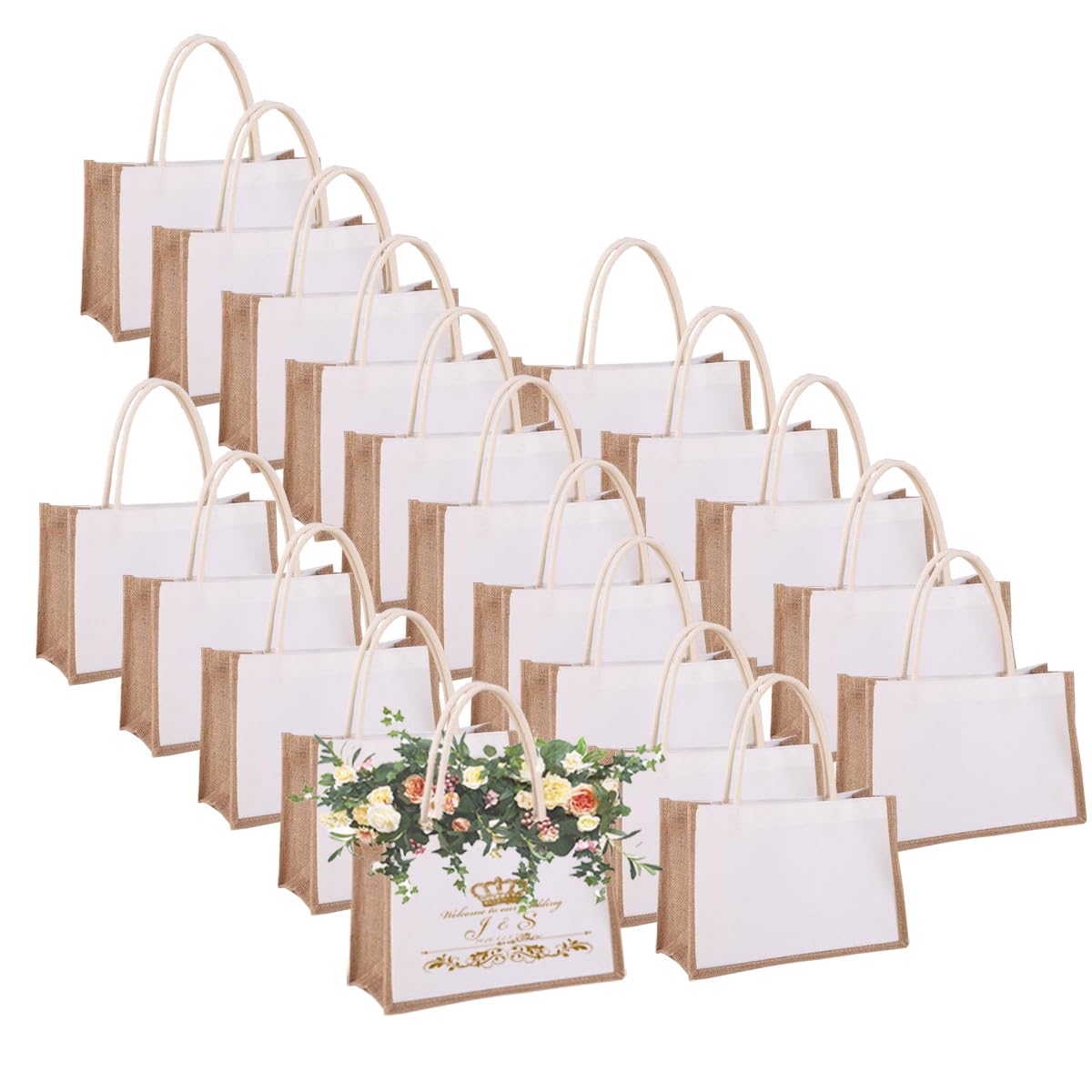 E-Found 20 Pack Burlap Tote Bags Jute Tote Bags Sublimation blank Tote Bags Reusable Water Resistant Beach Bag Blank Canvas Grocery Bag for Women Bridesmaid Wedding Gift DIY 12.6 x 8.3 x 5.1 Inch E-Found