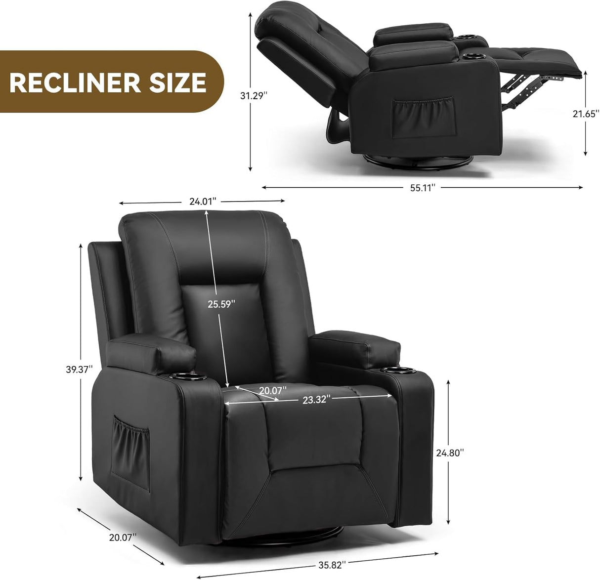 COMHOMA Recliner Chair, Swivel Rocker Recliners, Massage and Heat Reclining Chair, Reclining Sofa with Side Pockets, Cup Holders for Living Room, Bedroom (Black) COMHOMA
